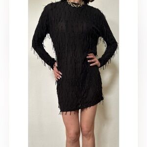 Zara Black Long-Sleeve Fringe Mini Dress